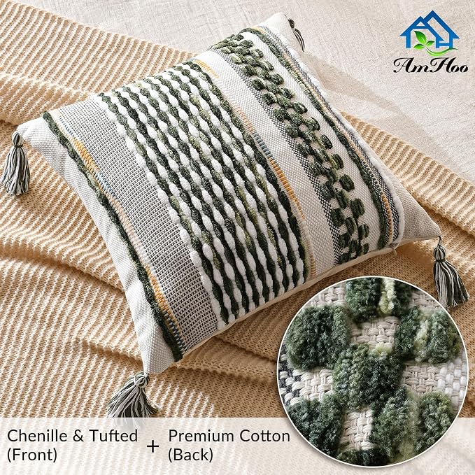 Chenille Striped Textured Boho Throw Pillow Covers Aesthetic with Tassels Woven Decorative Pillow Case for Couch Bed Sofa Bedroom Modern Funky 18 x 18-Inch Sage Green