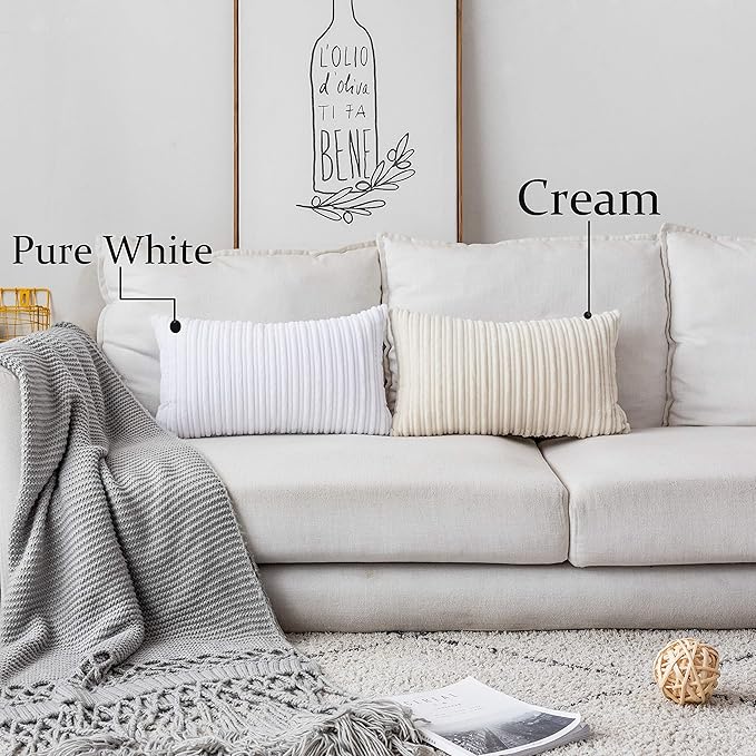 UGASA Velvet 12x20 Inch Lumbar Throw Pillow Cover, Both Sides Corduroy Striped, Soft Solid Decorative Rectangular Cushion Case for Couch/Bedroom/Car, 1 Piece, Cream