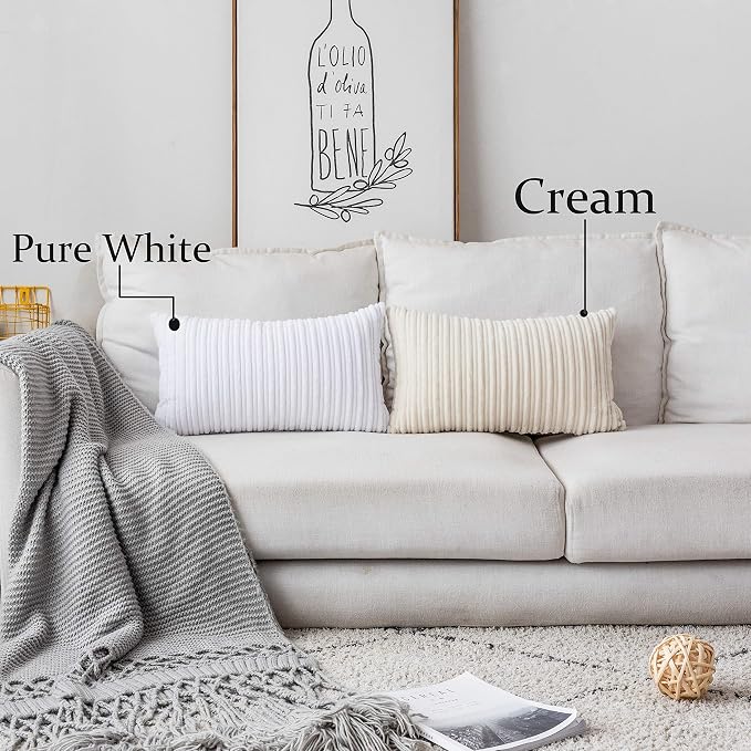UGASA Velvet Pillow Covers Striped, Decorative Throw Cushion Case with Hidden Zipper for Home Couch/Bedroom/Car, Soft Cozy Solid Oblong, 1 Piece (12"x20", Pure White)