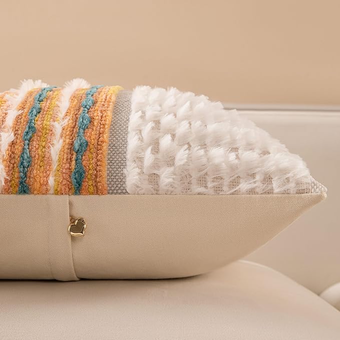 Fall Boho Chenille Tufted Couch Throw Pillow Covers 18x18 Inch Set of 2 Farmhouse Striped Decorative Pillow Covers Accent Neutral Pillowcase Yellow Teal Cushion Cover for Living Room Sofa Bed