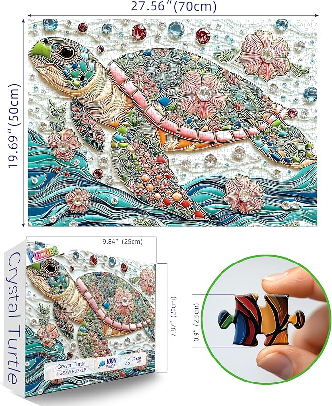 1000 Piece Puzzle for Adults Sea Turtle Ocean Mosaic Mbroidery with Vibrant Gem Floral Jigsaw Puzzle Colorful Beautiful Underwater Sea Puzzle with Letters on Back for Game Night