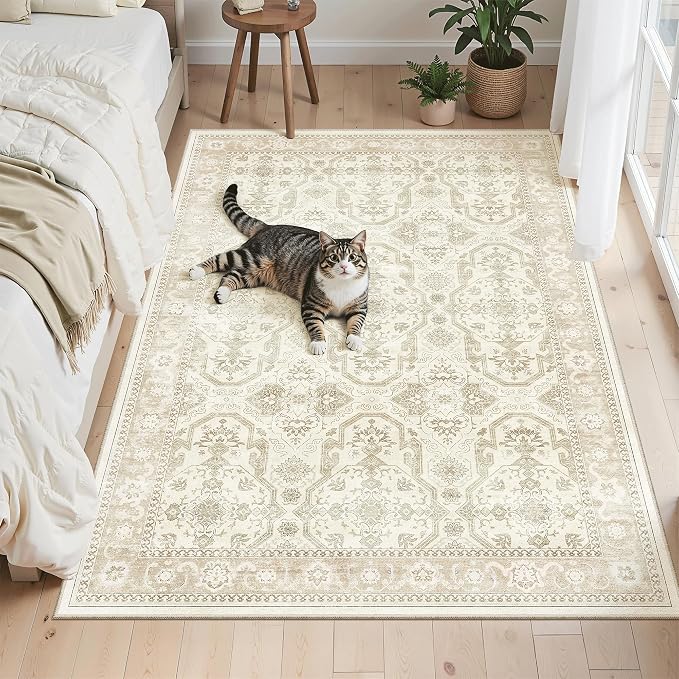 Soalmost 3x5 Rugs, Small Washable Kitchen Entryway Area Rug Beige/Brown | Vintage Low Pile Carpet for Nursery Coffee Table Bathroom, Foldable Stain Resistant Indoor Door Mat Entrance Powder Room