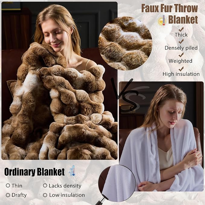 Faux Fur Throw Blanket for Couch, Fluffy Fuzzy Plush Bubble Blanket, Soft Warm Cozy Shaggy Rabbit Blanket, Luxury Decorative Gifts for Sofa Bedroom Living Room, 108x90inch (Tie-Dye-Brown)