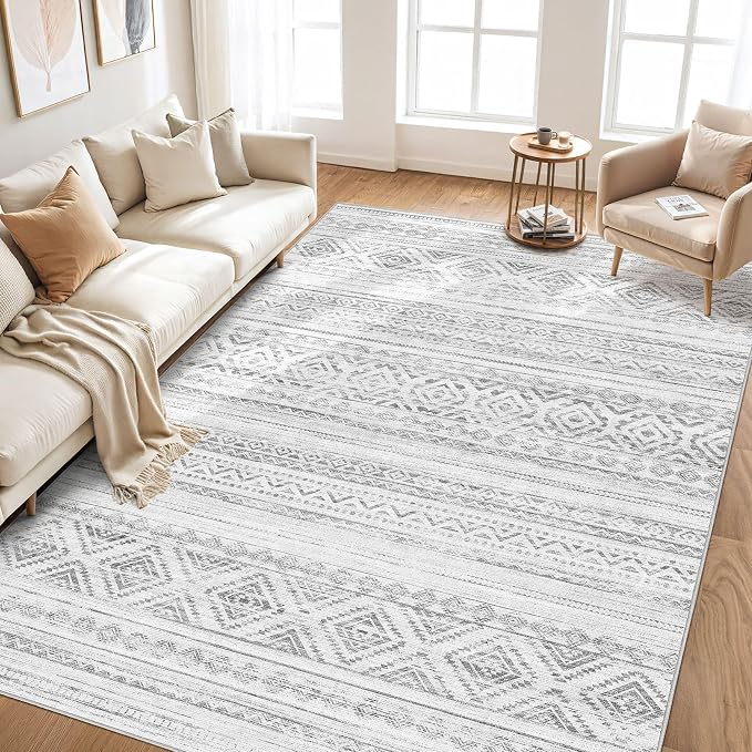 cotiled 9x12 Area Rugs Living Room Rug: Washable Boho Rugs with Non Slip Backing Large Soft Indoor Stain Resistant Carpet for Bedroom Farmhouse Dining Room Lightweight Home Decor Light Grey