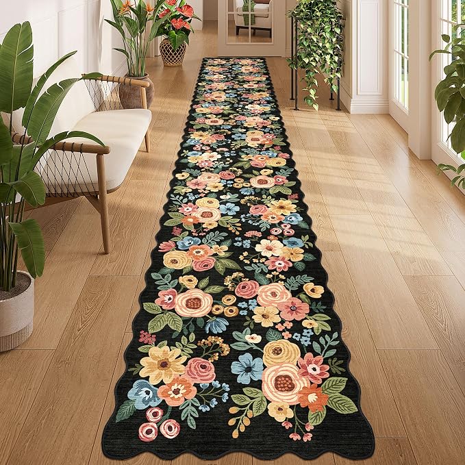 DUKINO 2x12 Washable Runner Rug, Floral Long Runner Rug for Hallway, Black | Non Slip, Low Pile, Soft Throw Rug Runner for Kitchen, Entryway, Bedroom, Bathroom, Pet Friendly, Home Decor, Non-Shedding