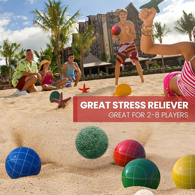 Bocce Ball Set 100mm Regulation Size and Weight for Lawn, Beach Bocci Game Sets for 2-8 Players (Multi-Color)
