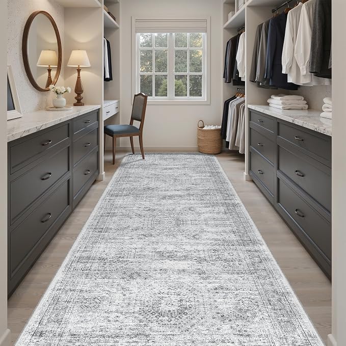Soalmost Washable Hallway Runner Rug 4x12 Kitchen Entry Rugs Non-Slip, Grey | Vintage Wide Runners for Living Dining Room Entryway, Stain Resistant Low-Pile Long Floor Carpet 12ft for Nursery Bedroom
