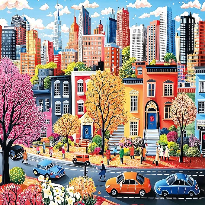 500 Piece Jigsaw Puzzle for Adults - Colorful Cityscape: Urban Neighborhood with Cherry Blossoms & Street Life, 20x20 Inch Unique Art Puzzle, Challenging Hard Difficult Puzzles for Adults