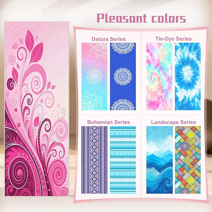 Hot Yoga Towel Non Slip, Ultra-Absorbent Yoga Mat Towel, Soft with Printed Design, Machine Washable, Yoga Pilates Towel Suitable for Exercise, Pilates, Yoga, 72x27in,Pink Plants