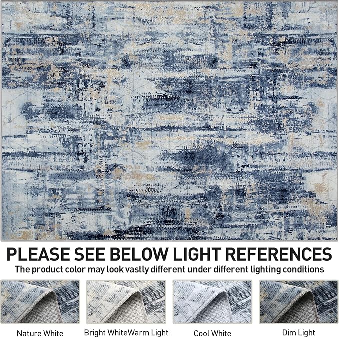 8x10 Area Rugs Washable Rug: Large Modern Abstract Living Room Rug Soft Anti-Skid Thin Carpet Indoor Floor Non-Shedding Carpets for Bedroom Dining Room Farmhouse Nursery Home Office Blue Gold