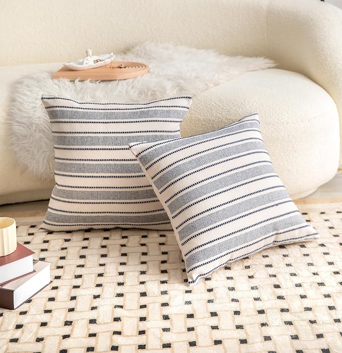 Cethom Decorative Boho Throw Pillow Covers, Farmhouse Textured Pillow Case, 18 x 18 Inch Set of 2, Chair Sofa Bedroom Living Room Decor Couch Cushion Case, Navy Blue and Beige Striped