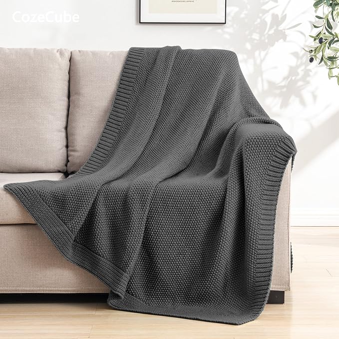 CozeCube Charcoal Grey Seed Stitch Throw Blanket 50"x60", Farmhouse Decor | Blanket for Couch, Soft Cozy Cable Knit Throw for Bed Sofa Living Room, Lightweight Warm Decorative Christmas Blanket
