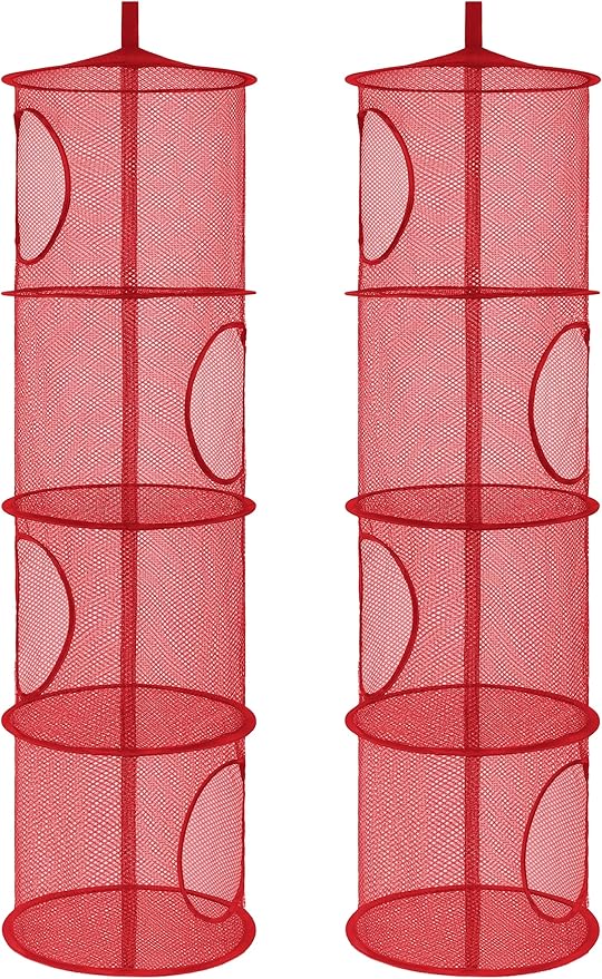 2Pcs Hanging Stuffed Animal Storage Organizer Foldable Stuffed Animal Net Hammock Organizer, 4 Compartments Mesh Hanging Toy Storage Hammock for Kid Room Toys, Gloves, Hats, Socks(Red)