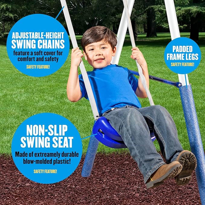 SuperDisc Swing Set with SuperDisc Swing. 5 User Capacity, Easy Assembly, Metal Frame Backyard Playground Set for Kids. with Padded Frame Legs for Safety. 148" L x 93" W x 74" H, by XDP Recreation