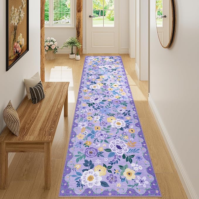 DUKINO 2x8 Runner Rug, Washable Runner Rug for Kitchen Non Slip, Purple | Low Pile, Floral, Soft Indoor Rug for Hallway, Entryway, Bedroom, Bathroom, Pet Friendly, Stain Resistant, Modern Home Decor
