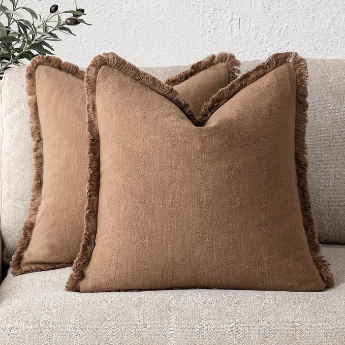 Foindtower Set of 2 Decorative Linen Fringe Throw Pillow Covers Cozy Boho Farmhouse Cushion Cover with Tassels Soft Accent Pillowcase for Couch Sofa Bed Living Room Home Decor, 22×22 Inch, Khaki Brown