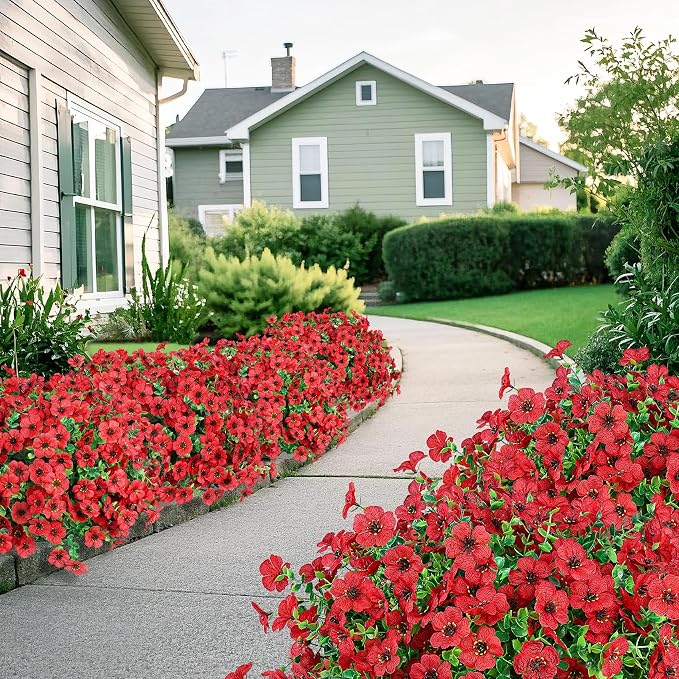 Ouddy Decor 24 Pcs Artificial Flowers for Outdoors Decorations, Red | Lifelike silk flowers, UV resistant, faux plastic plants, for garden porch window table vase home indoor outdoor decor