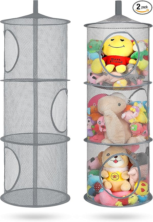 2Pcs Stuffed Animal Storage Foldable Stuffed Animal Net or Hammock Organizer, 3 Compartments Hanging Mesh Toy Storage Hammock for Kid Room Toys, Gloves, Hats, Socks（Grey）