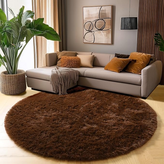 Amdrebio Dark Brown Rug 4Ft for Bedroom, Round Fluffy Shag Plush Area Rugs for Kids Room, Living Room Decor Aesthetic, Fuzzy Fur Floor Chocolate Coffee Circle Carpet for Playroom Dorm Baby Nursery