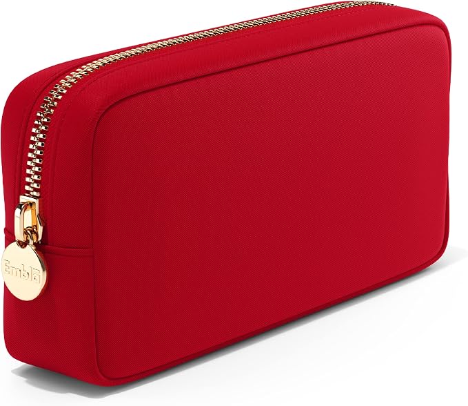 Embla Makeup Bag Travel Cosmetics Pouch and Toiletry Bag, Nylon Zipper Pouch Purse, Cute Make Up Organizer Storage Tote for Women Girls, Waterproof Travel Skincare Case, Small Makeup Bags, Ruby Red
