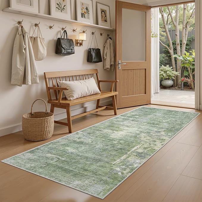 Soalmost Abstratc Runner Rug 2x6 Kitchen Hallway Runners Green/Ivory | Low-Pile Washable Rugs for Entry Bathroom Laundry Room, Vintage Foldable Floor Carpet Mat Entryway for Corridor Bedroom