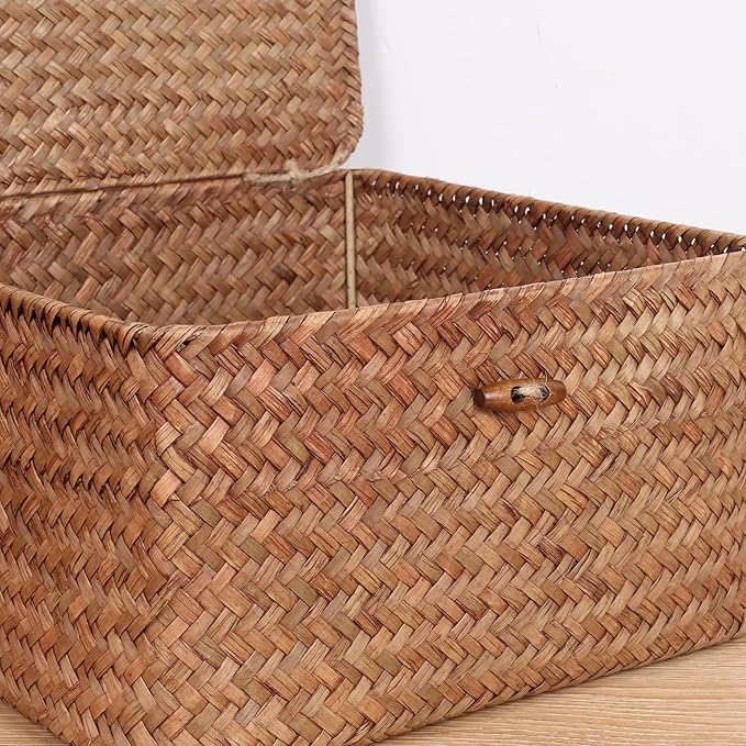 Moosky Wicker Shelf Baskets with Lid, Handwoven Seagrass Storage Basket Bins Square Gift Boxes for Shelves Home Decor Organizer (Coffee, Set of 4)