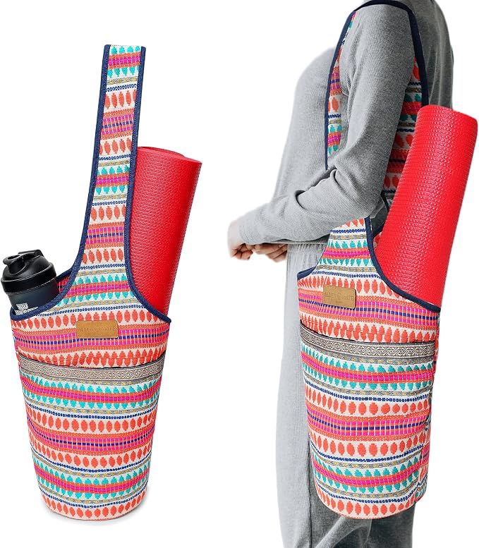 ALLEN & MATE 100% Cotton Canvas Yoga Mat Bag - Shoulder Strap Carrier Large Size Pocket Zipper Storage Yoga Bag holds more Accessories & Pilates Mats