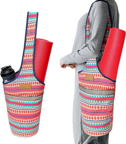 ALLEN & MATE 100% Cotton Canvas Yoga Mat Bag - Shoulder Strap Carrier Large Size Pocket Zipper Storage Yoga Bag holds more Accessories & Pilates Mats