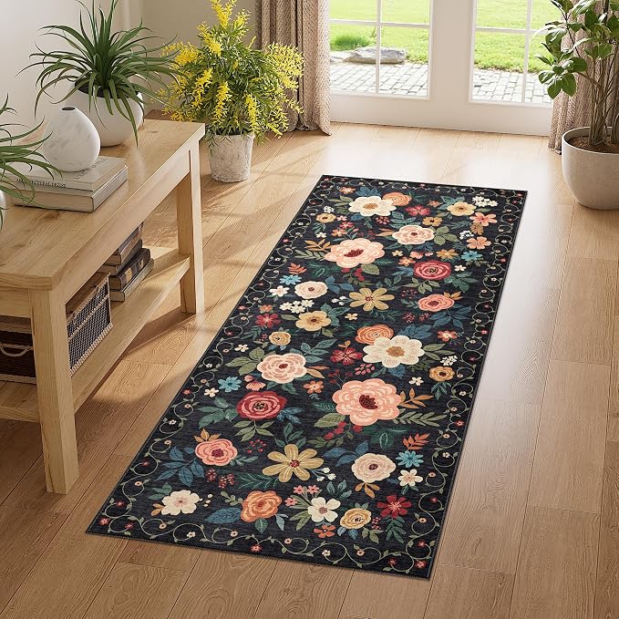 DUKINO 2x5 Runner Rug, Floral Washable Rug for Kitchen Non Slip, Black | Low Pile, Soft, Stain Resistant Indoor Rug Runner for Entryway, Hallway, Bedroom, Bathroom, Laundry, Pet Friendly, Home Decor