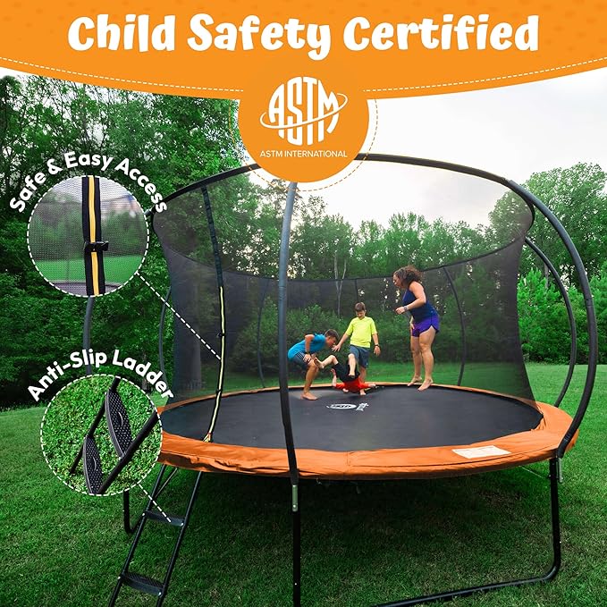 JUMPZYLLA Trampoline Outdoor 8FT 10FT 12FT 14FT 15FT 16FT with Enclosure and Ladder, ASTM Approved Recreational Trampoline for Kids and Adults, Anti-Rust Coated Frame