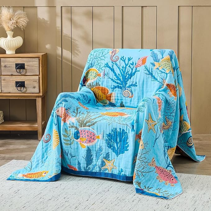 XIBLC Boho Throw Blanket 100% Cotton Vintage Blanket Muslin Woven Flower Decorative Throw Blankets All Season Bohemian Rustic Farmhouse Decor Quilt for Bed (Blue 80"x90")