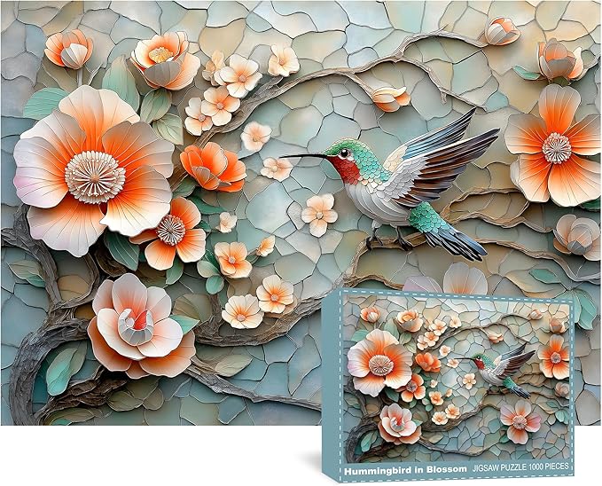 Puzzles for Adults 1000 Pieces, Flower Mosaic Jigsaw Puzzles - Hummingbird in Blossom, Piece Relax Puzzles for Family
