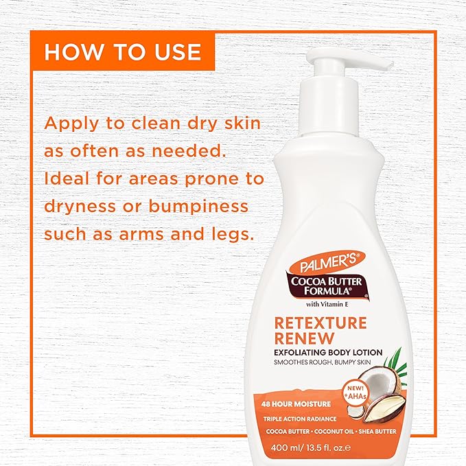 Palmer's Cocoa Butter Formula Retexture & Renew Exfoliating Body Lotion for Rough & Bumpy Skin, Triple Action Moisturizers + AHAs, Pump Bottle, 13.5 Ounce