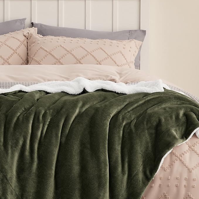 Bedsure GentleSoft Sherpa Fleece Blankets King Size for Bed, Non-Heated, Thick and Warm Throw for Women and Men, Soft Fuzzy Plush King Blanket for Winter, Olive Green, 108x90 Inches