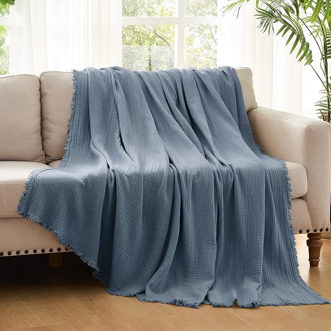 WDCOZY 100% Cotton Muslin Blanket Oversized King 4-Layer for Bed Breathable Lightweight Soft Large Boho Farmhouse Linen Tassels Ruffle Gauze Blankets All Season for Adults 102x120 Inches Dusty Blue