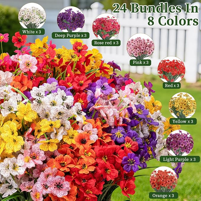 24 Bundles Artificial Flowers for Outdoors/Indoors, Fake Flowers Plants for Indoor Outside Garden Porch Window Box Home Wedding Farmhouse(8 Color) | Faux Flowers for Indoor Outside, artificial plants outdoor Garden Porch Window Box Home Wedding Farmhouse
