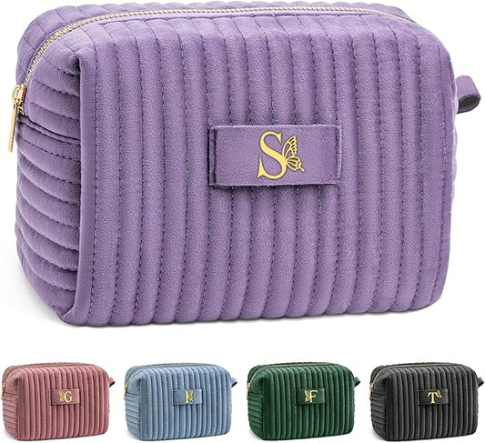 COSHAYSOO Personalized Birthday Gifts for 13 14 15 16 17 18 19 20 21 Year Old Teen Girls Purple Initial Makeup Bags Travel Cosmetic Pouch, Unique Christmas Galentines Valentines Gift Ideas Letter S