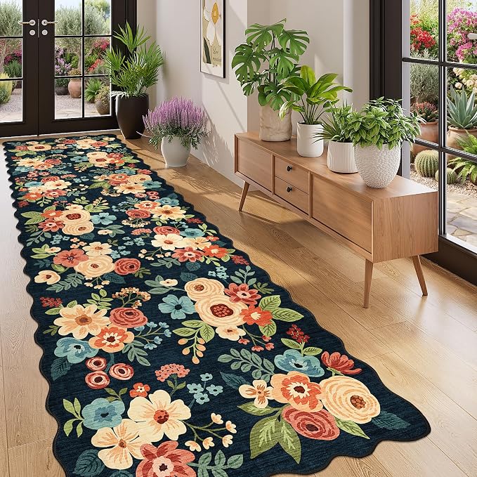DUKINO 3x10 Runner Rug, Non Slip Floral Washable Rug for Hallway, Navy Blue | Low Pile, Soft, Stain Resistant Throw Carpet Runner for Kitchen, Entryway, Bedroom, Bathroom, Lightweight, Modern Home Decor