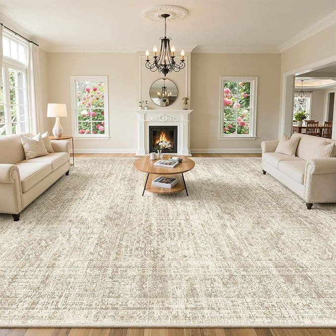 Soalmost 10x14 Area Rugs for Living Room Washable Rug Non-Slip Beige | Large Vintage Stain Resistant Carpet for Dining Bedroom, Low Pile Lightweight Foldable Floor Mat Nursery Home Office Decor