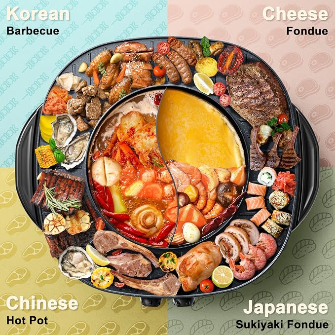 Stariver Hot Pot Electric with Grill 2 in 1, Korean BBQ & Shabu Shabu Pot | Smokeless Indoor Grill, Non-Stick, 1800W Fast Heating, Dual Temp Control, Perfect for Family Dinner, Friends Party, Holiday