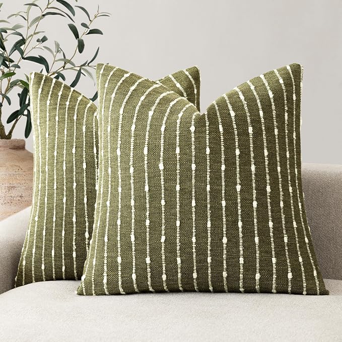 Foindtower Pack of 2 Decorative Jacquard Boucle Throw Pillow Covers Accent Textured Striped Pillowcases Soft Boho Modern Cushion for Couch Sofa Bedroom Living Room Home Decor 22x22 Inch Olive Green