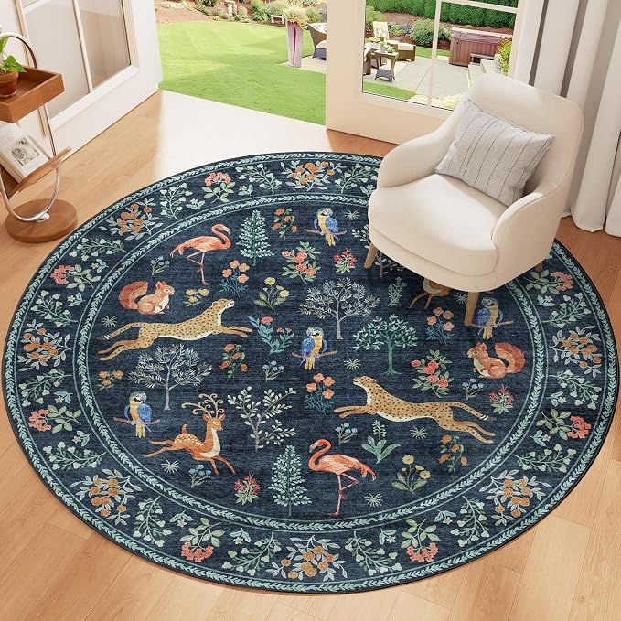 DUKINO 4ft Round Rug, Washable Animal Round Area Rug Non Slip, Navy Blue | Low Pile, Soft, Non-Shedding Indoor Circle Carpet for Bedroom, Entryway, Living Room, Farmhouse, Pet Friendly, Lightweight