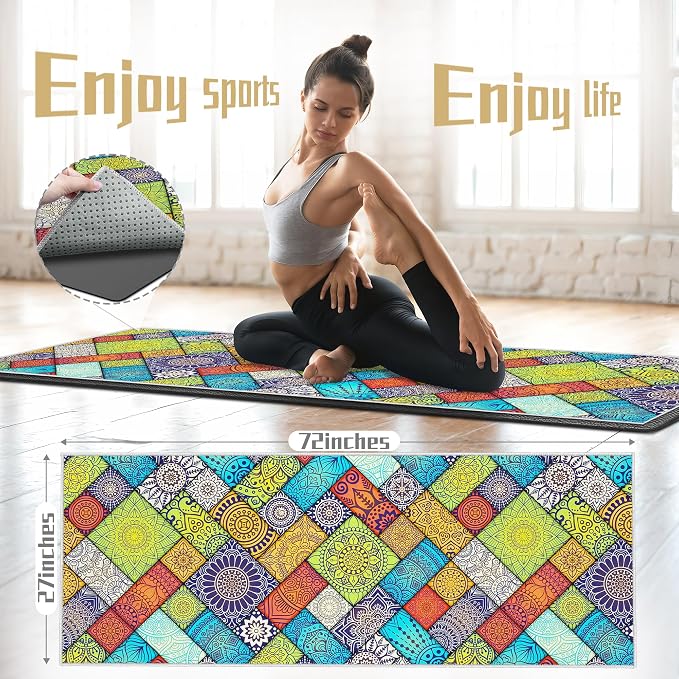 Hot Yoga Towel Non Slip, Ultra-Absorbent Yoga Mat Towel, Soft with Printed Design, Machine Washable, Yoga Pilates Towel Suitable for Exercise, Pilates, Yoga, 72x27in,Grid Mandala