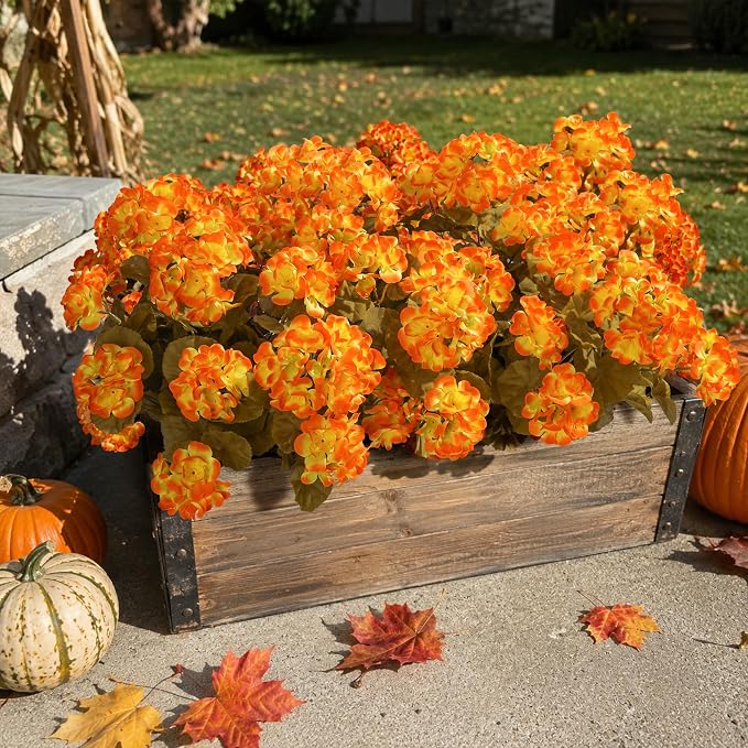Fake Geraniums Artificial Flowers for Outdoors Autumn Decoration, 6 Bundles Silk Geraniums Look Real Faux Fall Flowers Plants for Front Door Garden Planter Patio Balcony Yard Home Indoor, OrangeYellow