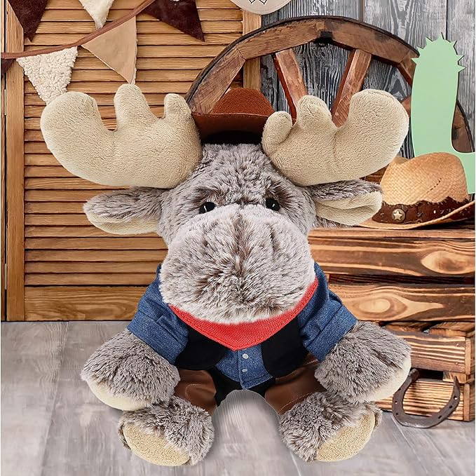 DolliBu Floppy Moose Stuffed Animal Cowboy Plush with Name Personalization - Western-Themed Moose Plush with Cute Cowboy Costume Denim Shirt Vest, Bandana, Leather Pants, and Hat - 12 Inches