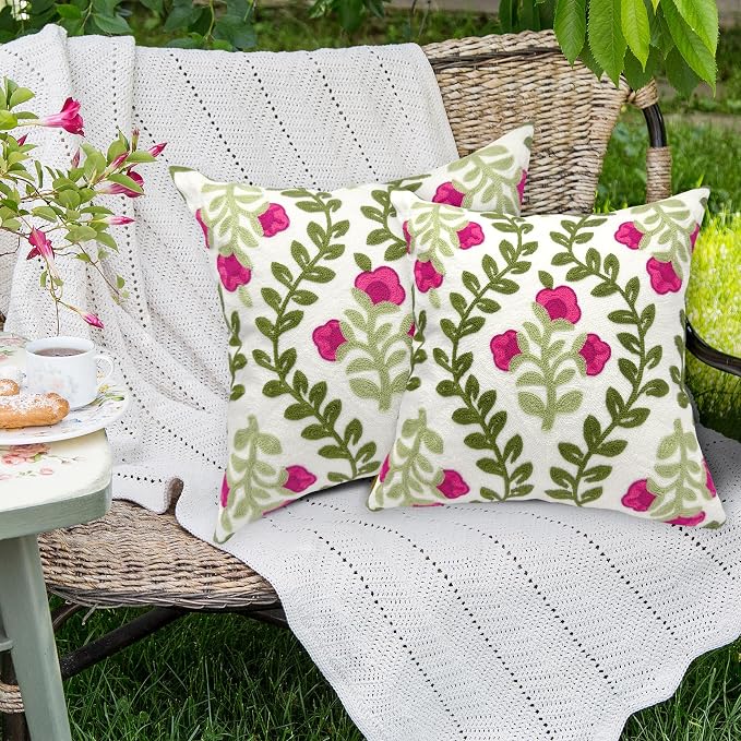 Alysheer Summer Decorative Throw Pillow Covers 18"x 18" Set of 2, Floral Embroidered Farmhouse Hot Pink Flowers Green Vine Patterned Cotton Canvas Cushion Case for Sofa Couch Bed Living Room Decor