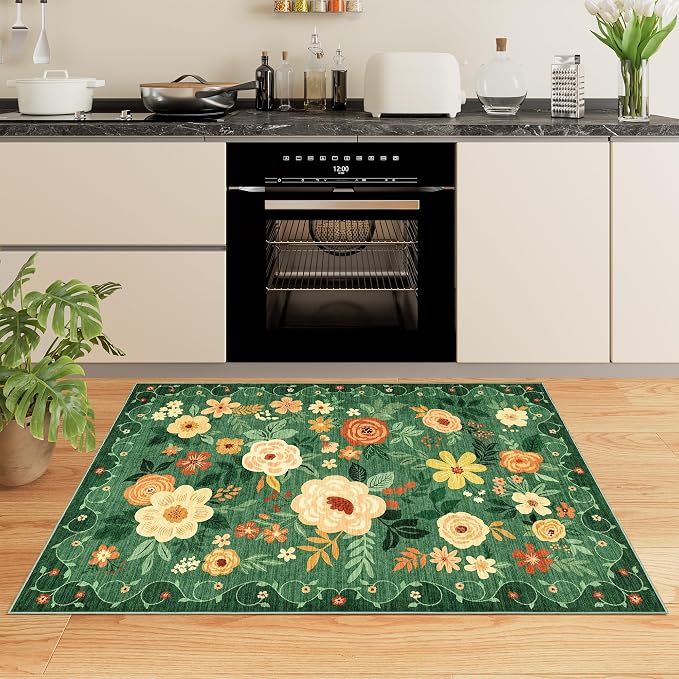 DUKINO 4x6 Area Rug, Floral Washable Office Chair Rug Non Slip, Dark Green | Low Pile, Stain Resistant, Soft Indoor Rug for Bedroom, Living Room, Dining Room, Kids Room, Pet Friendly, Modern Home Decor