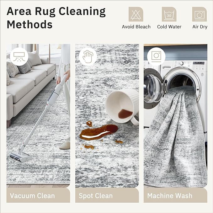 Soalmost 6x9 Area Rug for Living Room Washable Rugs Non-Slip Grey | Low-Pile Vintage Carpet for Dining Bedroom, Foldable Thin Stain Resistant Floor Mat Under Table Home Office Nursery Decor