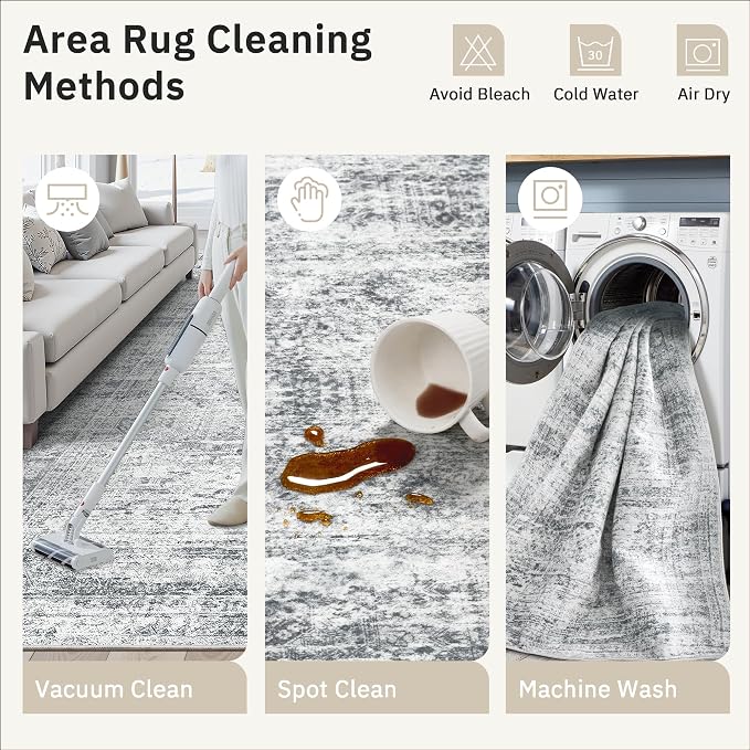Soalmost Round Rugs 9ft Living Room Circle Area Rug 9x9 Grey Vintage | Washable Non Slip Indoor Carpet for Apartment, Dining Bedroom, Soft Low Pile Stain Resistant Foldable Floor Mat Entryway