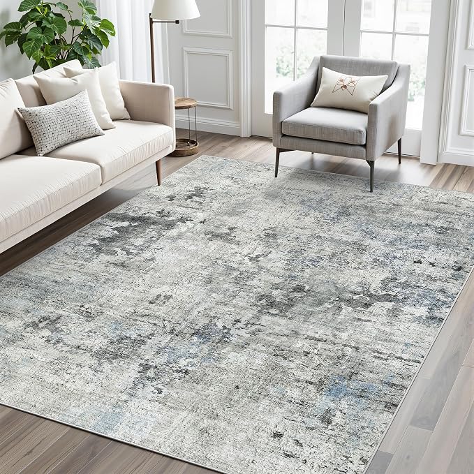 Soalmost Abstract Area Rug 6x9 for Living Room Washable Rugs Gray/Blue | Non-Slip Low-Pile Carpet for Dining Bedroom, Foldable Thin Vintage Stain Resistant Floor Mat Under Table Home Office Nursery
